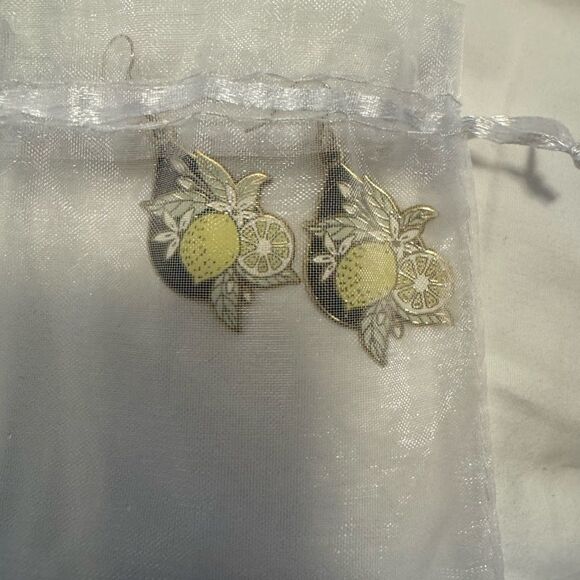 Lemon and Black Dangly Enamel Earrings - Picture 2 of 2